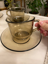 Load image into Gallery viewer, 70s Arcoroc France Smoked Glass Cup and Saucer

