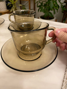 70s Arcoroc France Smoked Glass Cup and Saucer