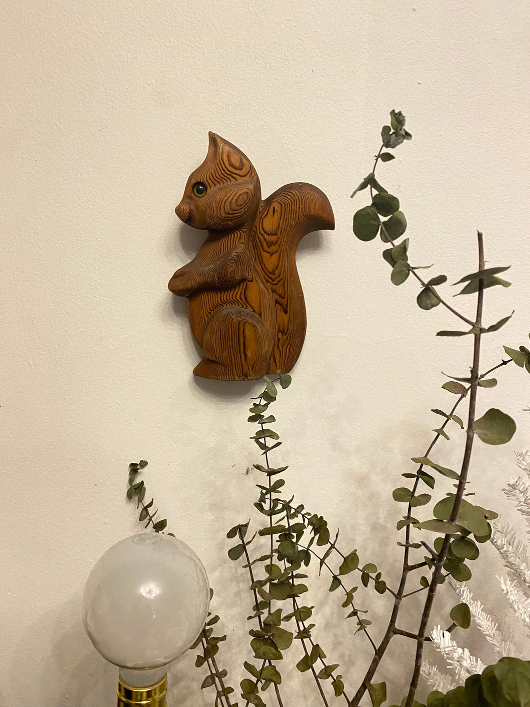 70s Hand-carved Wooden Squirrel Art