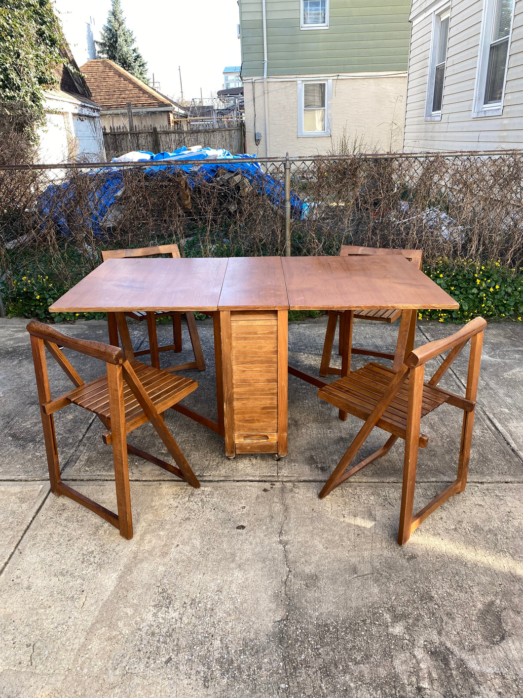 1960s MCM Walnut Gateleg Dining Table with 4 Hideaway Chairs