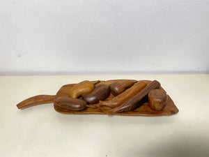 7 Hand Carved Wooden Fruits With Tray