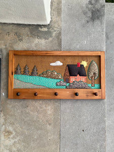 Vintage Wood and Woven Textile Landscape Wall Rack