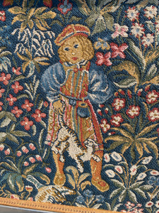 Vintage Framed Boy Holding Cat Surrounded by Flowers Tapestry