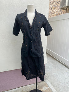 Vintage Linen Beaded Short Sleeve Button-down & Shorts Set