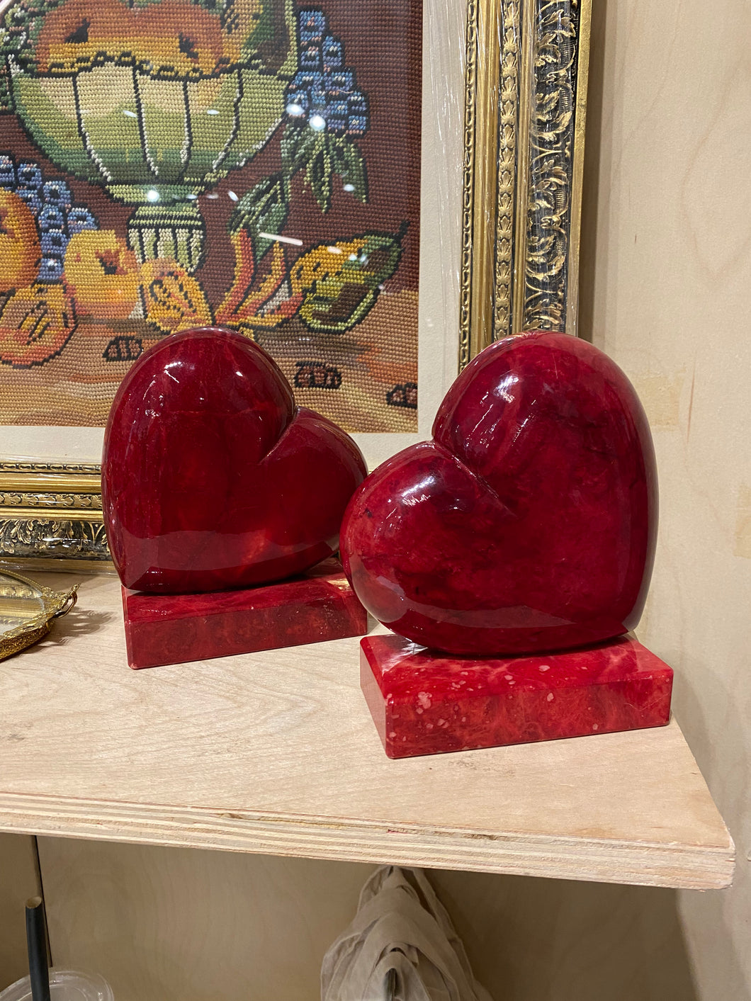 Vintage Red Hand-carved Alabaster Heart Bookends by Ducceschi