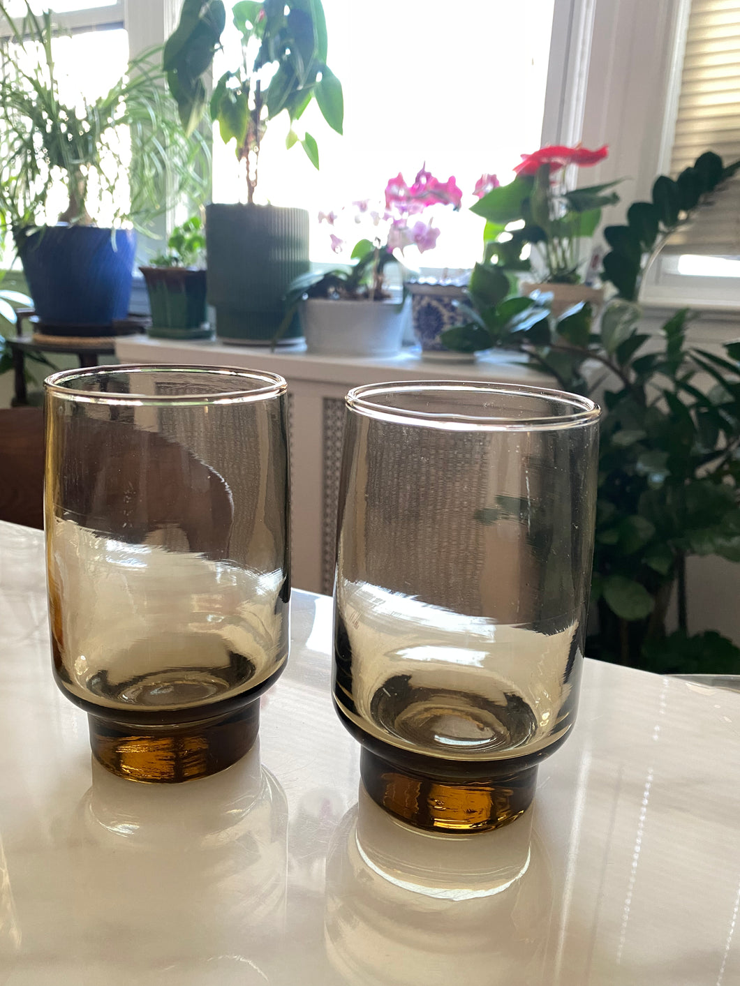Mid Century Smoked Stackable Glasses (Pair)