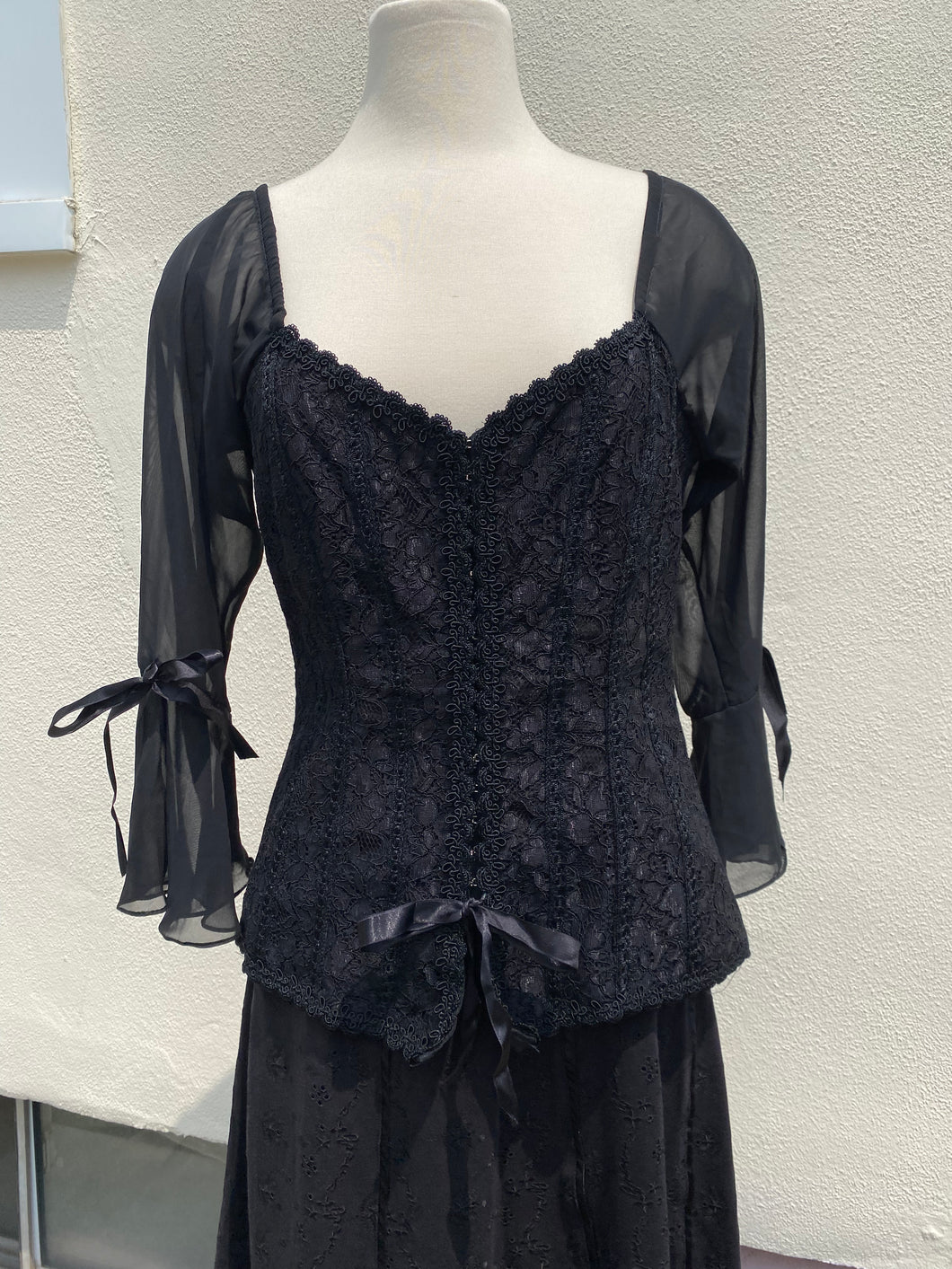 Black Ruched Sheer Lace Corset Blouse
