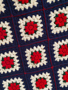 Vintage Handmade Navy Crochet Rose Blanket
