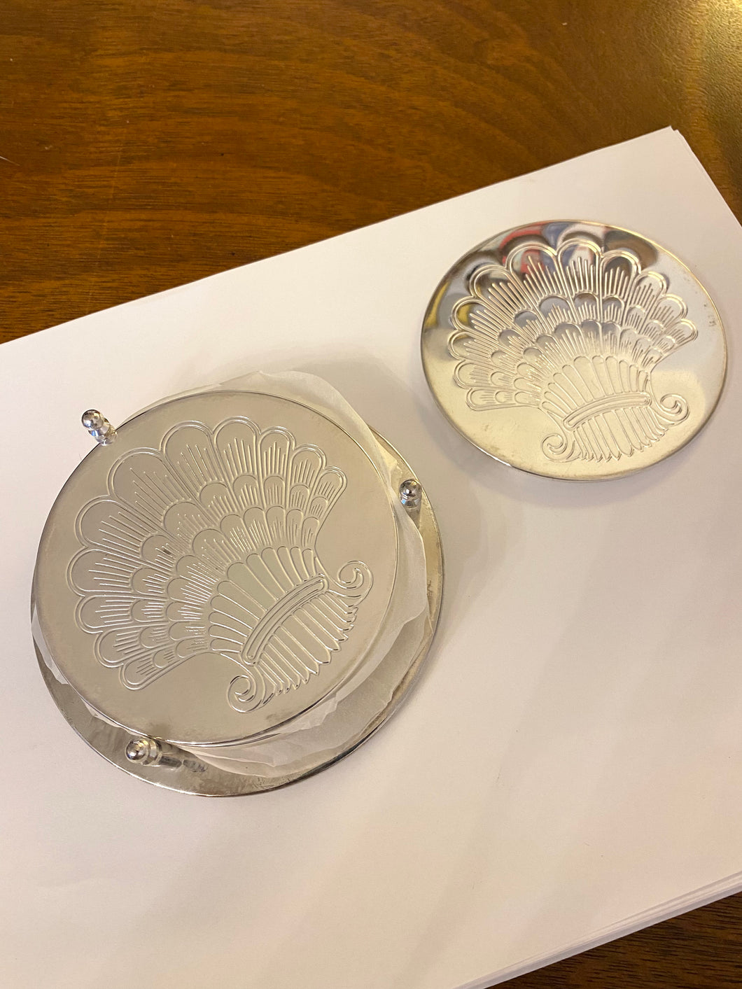 Silver Plated Shell Motif Coasters with Holder