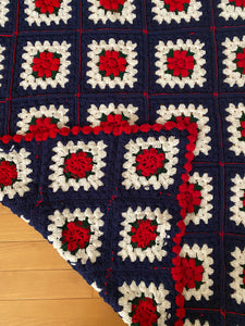 Vintage Handmade Navy Crochet Rose Blanket