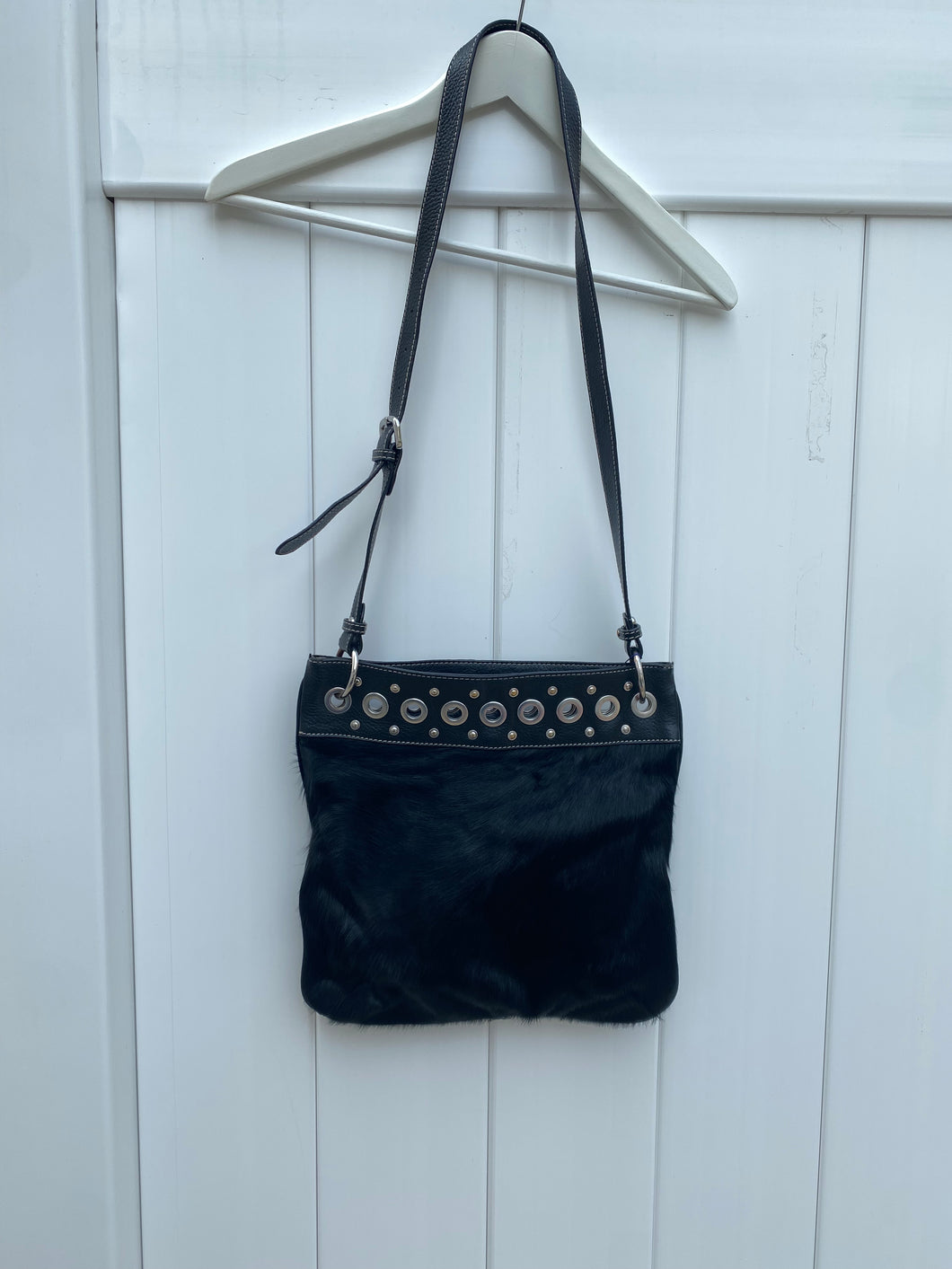 Vintage Leather Grommet Ponyhair Crossbody Bag