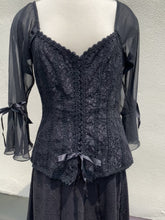 Load and play video in Gallery viewer, Black Ruched Sheer Lace Corset Blouse
