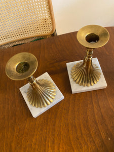 Mid Century Marble Base Brass Torchiere Candlestick Holders
