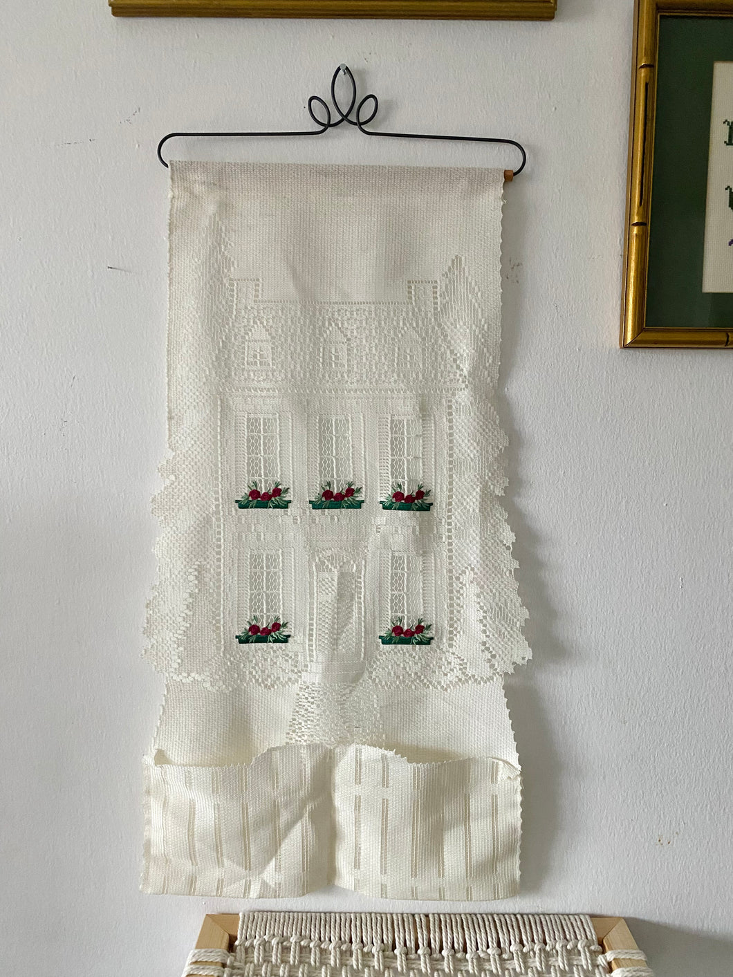 Vintage Embroidered Lace Mail Holder Wall Hanging