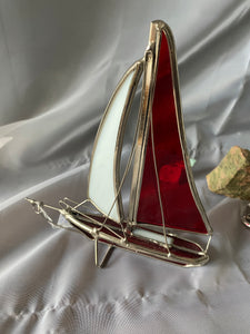Vintage Handmade Stained Glass Sailboat Sculptures