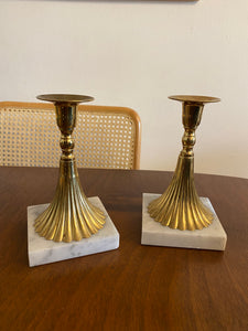 Mid Century Marble Base Brass Torchiere Candlestick Holders